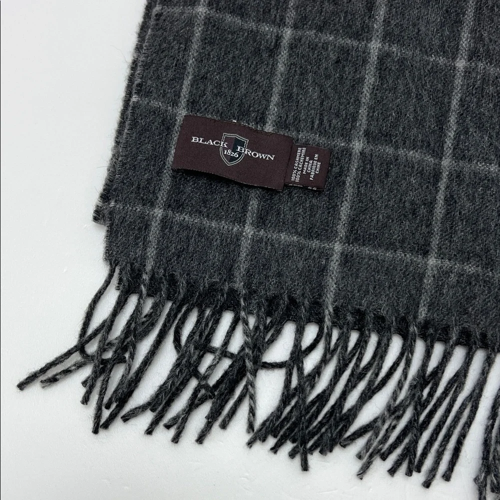 Black Brown 100% Cashmere Scarf Gray Windowpane Mens Quiet Luxury Preppy Prep